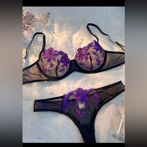 SHEIN black and purple floral bra and panty set xl
